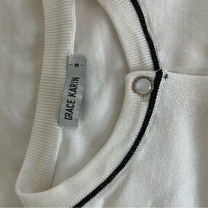 Grace Karin White Knit Top with Black Contrast Trim